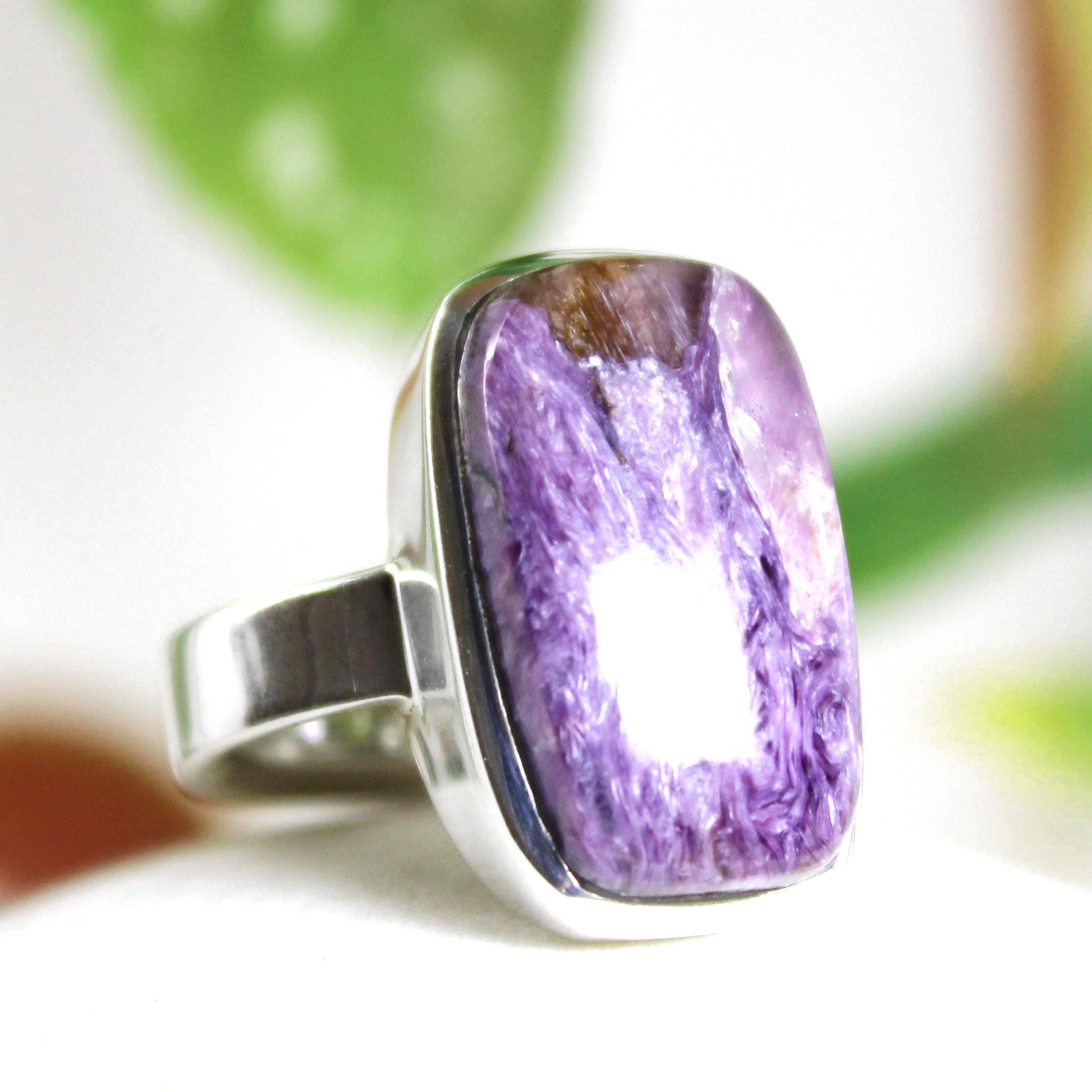 Purple Charoite Sterling Silver Ring, Unisex Cabochon Ring (size 9-9.5)