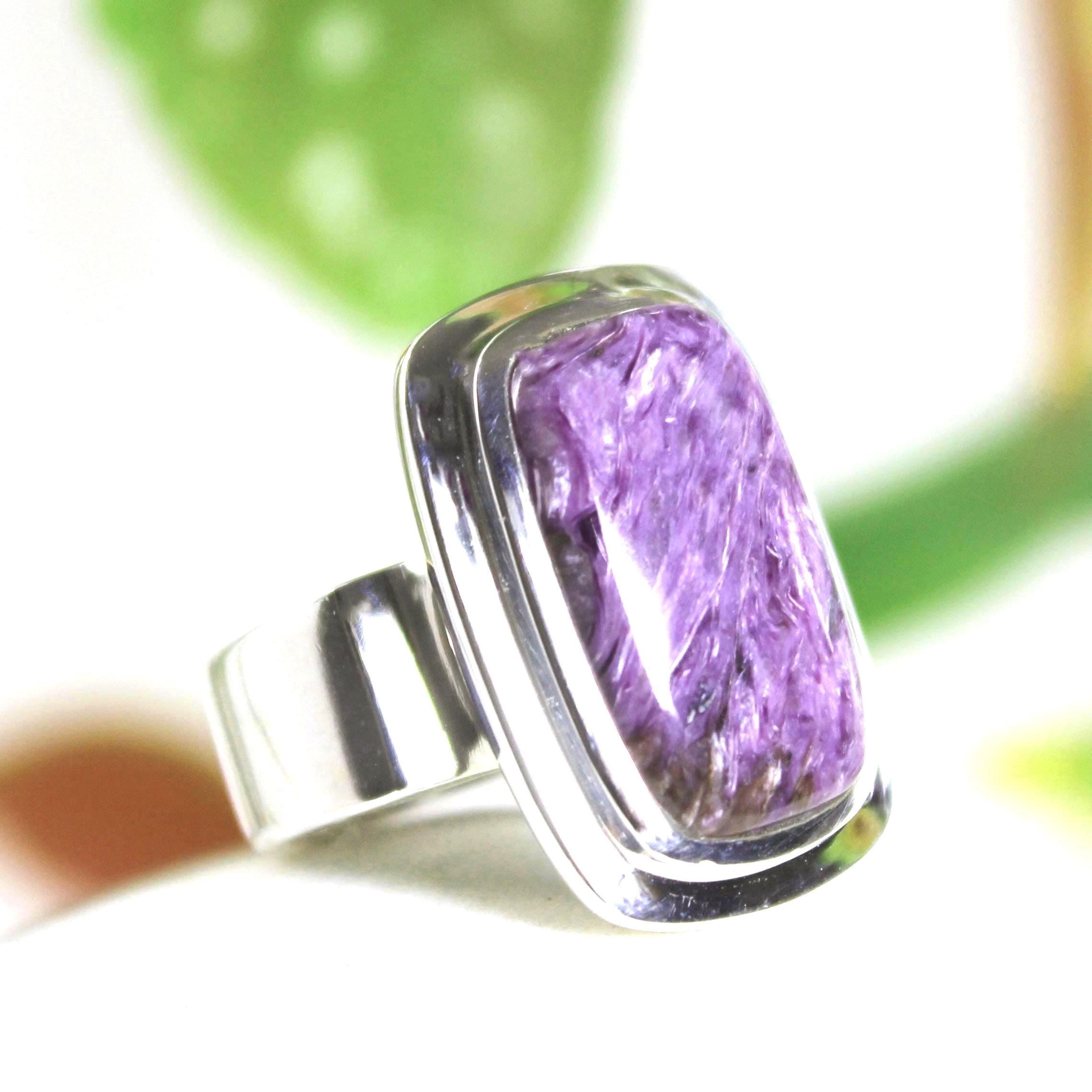 Rectangular Charoite Cab Ring, Unisex Sterling Silver, Size 6.5 - 7 Rectangular Charoite Cab Ring, Unisex Sterling Silver, Size 6.5 - 7