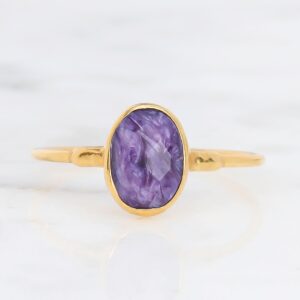 Rose Cut Oval Charoite Ring • Whimsigoth Gemstone Stacking Ring • Crown Chakra • 24k Dip • Handmade Rose Cut Oval Charoite Ring • Whimsigoth Gemstone Stacking Ring • Crown Chakra • 24k Dip • Handmade