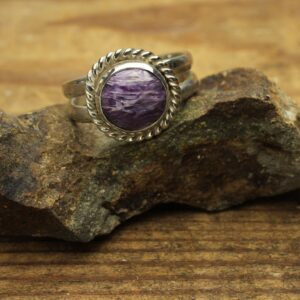 Charoite Silver Ring, Purple Charoite Round Purple Cabochon, Sterling Silver, Size 6, 6 1/2, 7 1/2, 8