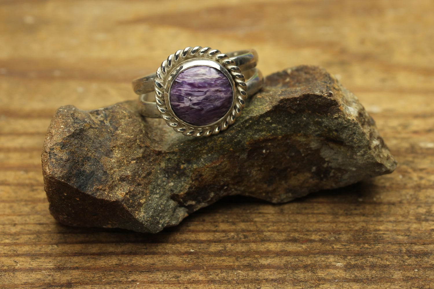 Charoite Silver Ring, Purple Charoite Round Purple Cabochon, Sterling Silver, Size 6, 6 1/2, 7 1/2, 8