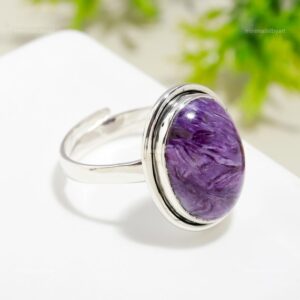 Sparkling Charoite Ring: Oval Purple Gemstone, 925 Sterling Silver