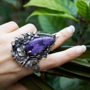 Charoite Stone Sterling Silver Floral Ring, Botanical Statement Ring