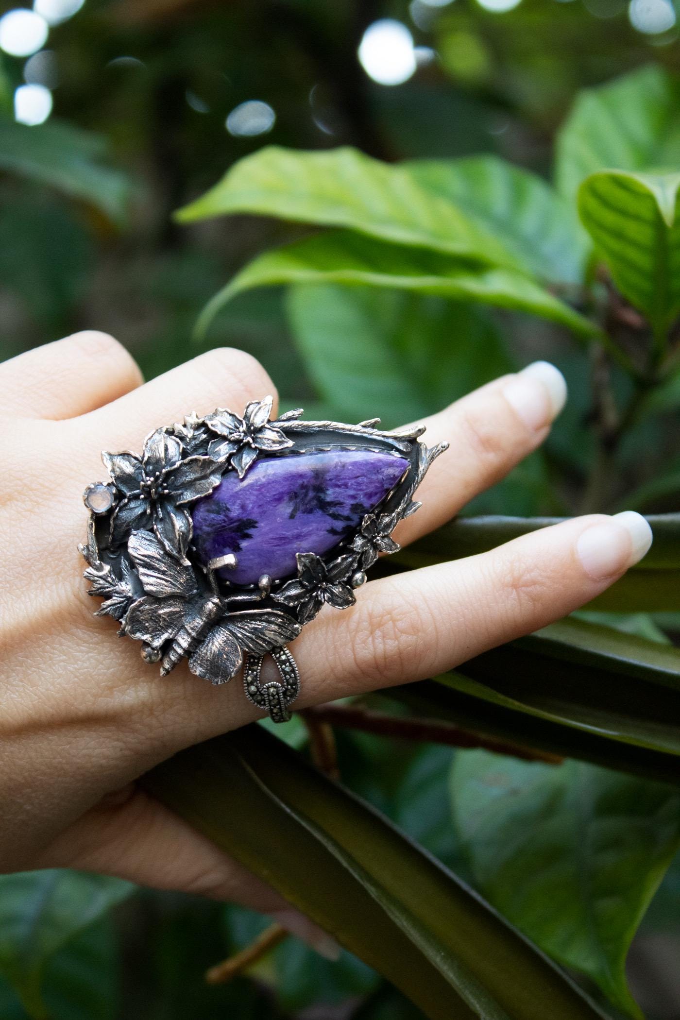 Charoite Stone Sterling Silver Floral Ring, Botanical Statement Ring