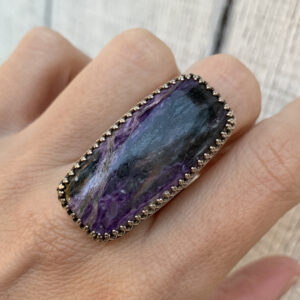 Stunning Large Rectangle Cushion Cut Charoite Sterling Silver Ring , Charoite Ring , Purple And Black Stone Ring , Boho Ring , Size 8