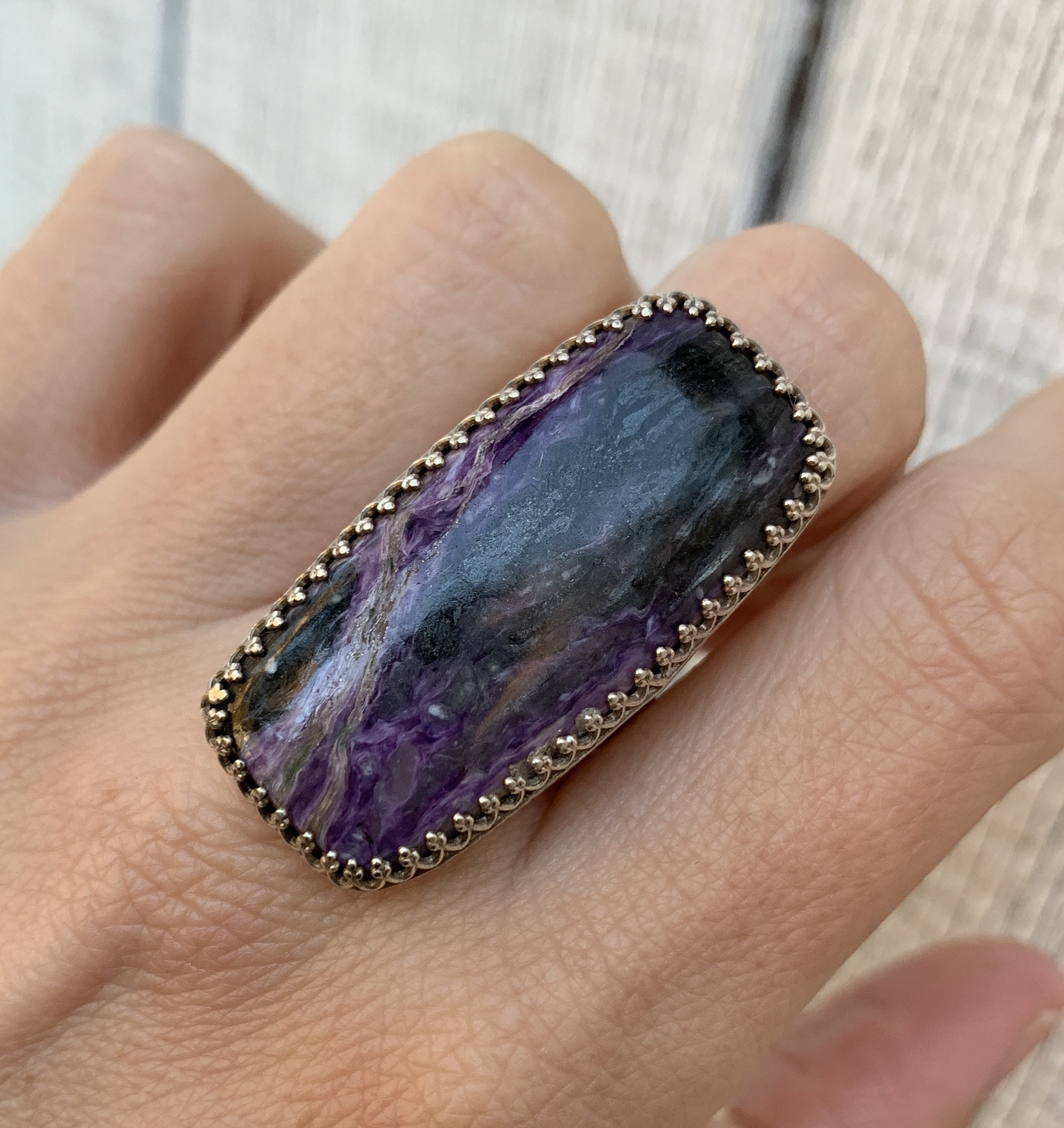 Stunning Large Rectangle Cushion Cut Charoite Sterling Silver Ring , Charoite Ring , Purple And Black Stone Ring , Boho Ring , Size 8
