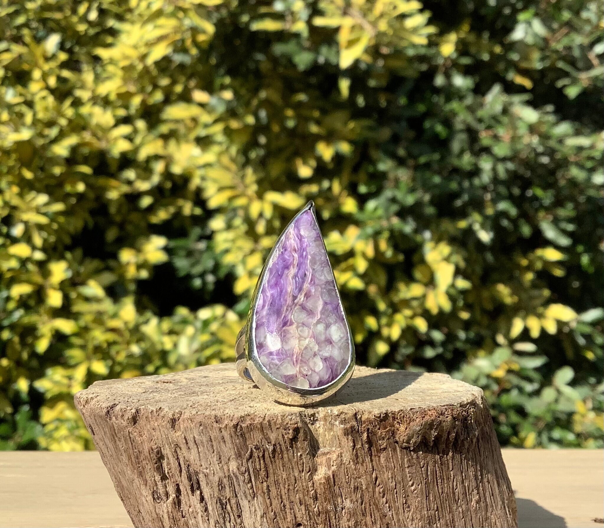 Womens Gemstone Silver Statement Ring, Charoite Teardrop Ring, Gift For Wife Or Girlfriend