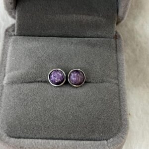 7mm Flat Round Purple Charoite Genuine Gemstone Stud Earrings With 925 Sterling Silver Accessory ---1 Pair (2pcs)