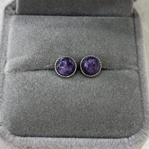 7mm Flat Round Purple Charoite Genuine Gemstone Stud Earrings ---1 Pair (2pcs)