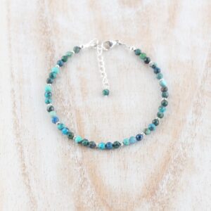 Chrysocolla 3mm Beaded Bracelet In Sterling Silver, Gold Or Rose Gold Filled, Dainty Faceted Gemstone Stacking Bracelet