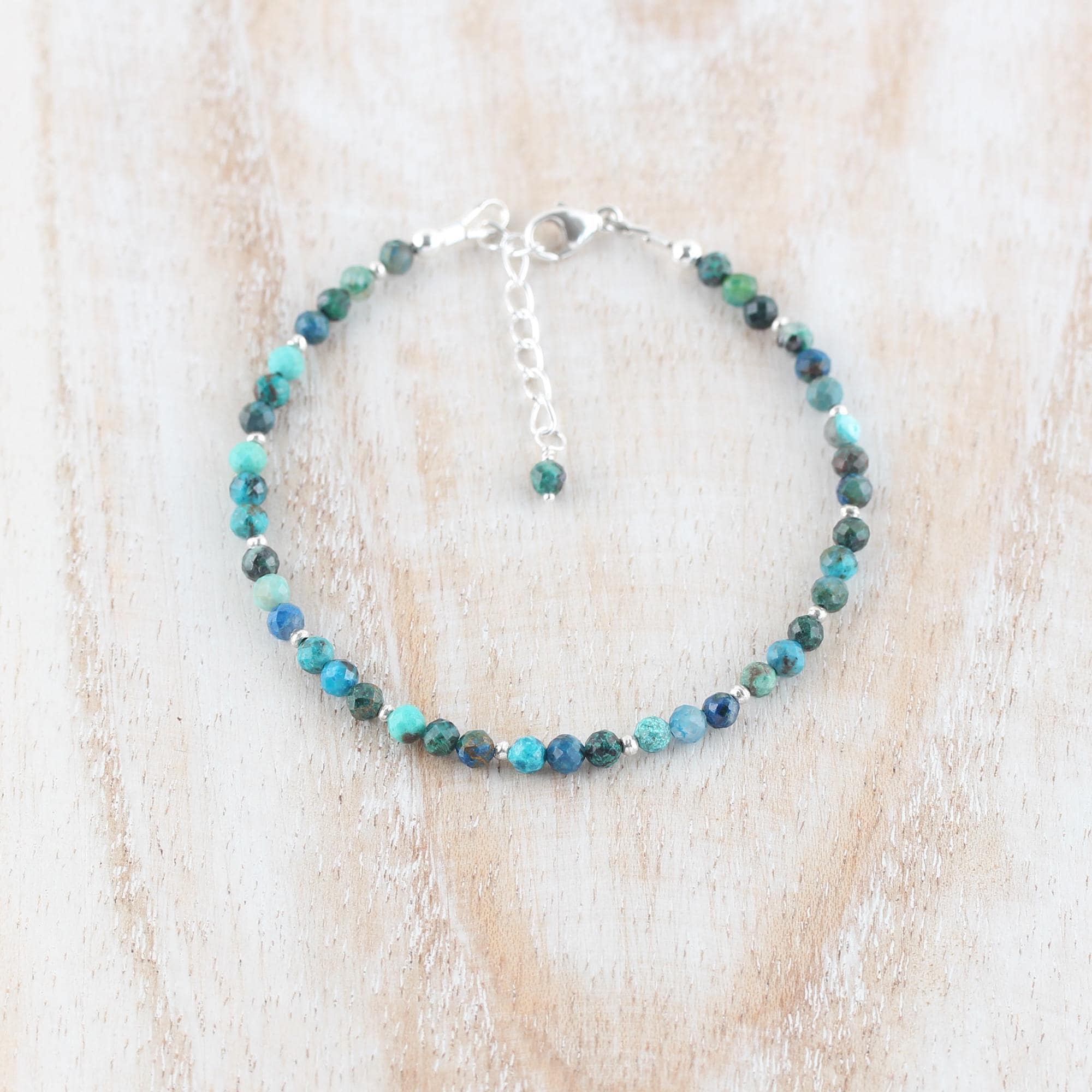 Chrysocolla 3mm Beaded Bracelet In Sterling Silver, Gold Or Rose Gold Filled, Dainty Faceted Gemstone Stacking Bracelet