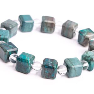 9-10MM Chrysocolla Beads Gray Green Bracelet Grade AAA Genuine Natural Beveled Edge Faceted Cube Gemstone 7.5" (118494h-4037)