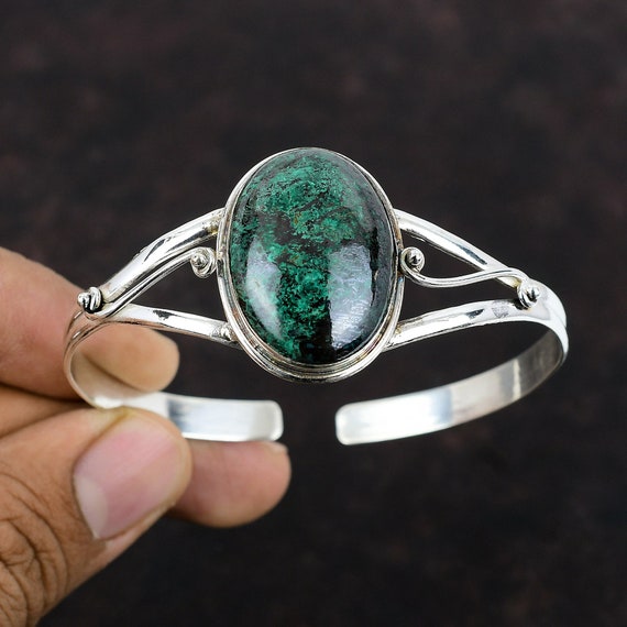 Chrysocolla Bangle: Handmade 925 Sterling Silver Adjustable Cuff