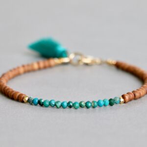 Chrysocolla Beaded Bracelet with Sandalwood and Gold Accents - Delicate Gemstone Jewelry