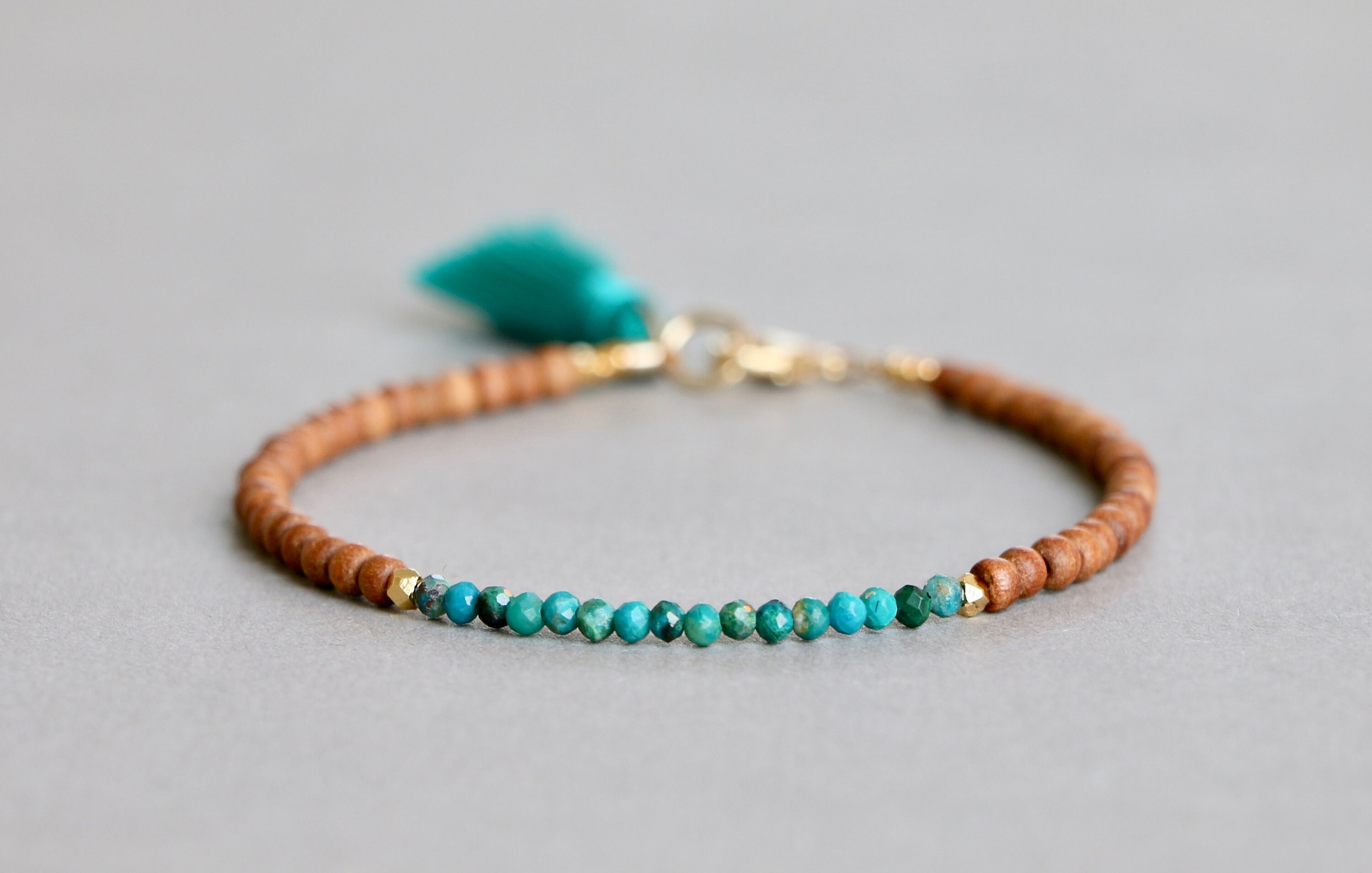 Chrysocolla Beaded Bracelet With Sandalwood And Gold Accents - Delicate Gemstone Jewelry