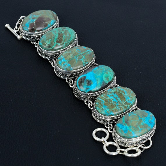 Chrysocolla Gemstone Bracelet: Handmade 925 Sterling Silver Adjustable Jewelry Chrysocolla Gemstone Bracelet: Handmade 925 Sterling Silver Adjustable Jewelry