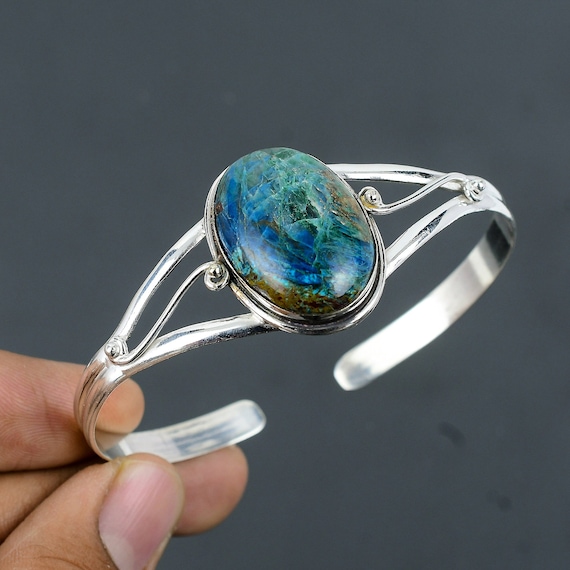Handmade Boulder Chrysocolla Cuff Bracelet: 925 Sterling Silver Adjustable Bangle