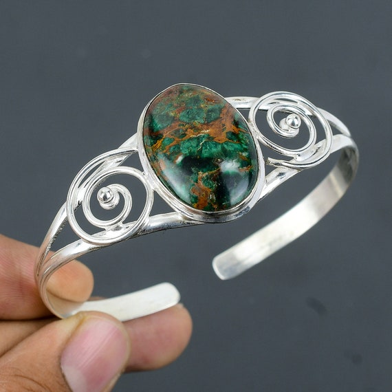 Handmade Cuprite Chrysocolla Bangle: Adjustable Sterling Silver Cuff