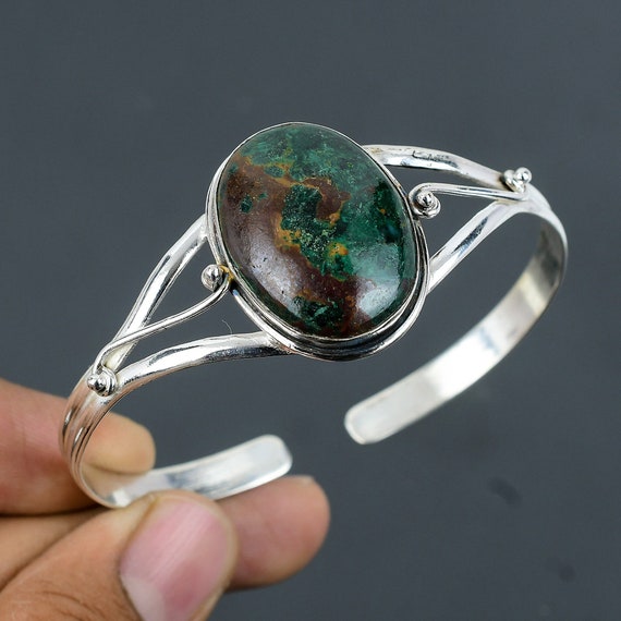 Handmade Cuprite Chrysocolla Cuff: Adjustable Sterling Silver Bangle
