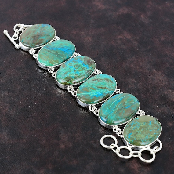 Handmade Chrysocolla Gemstone Bracelet: 925 Sterling Silver Adjustable Chain Handmade Chrysocolla Gemstone Bracelet: 925 Sterling Silver Adjustable Chain
