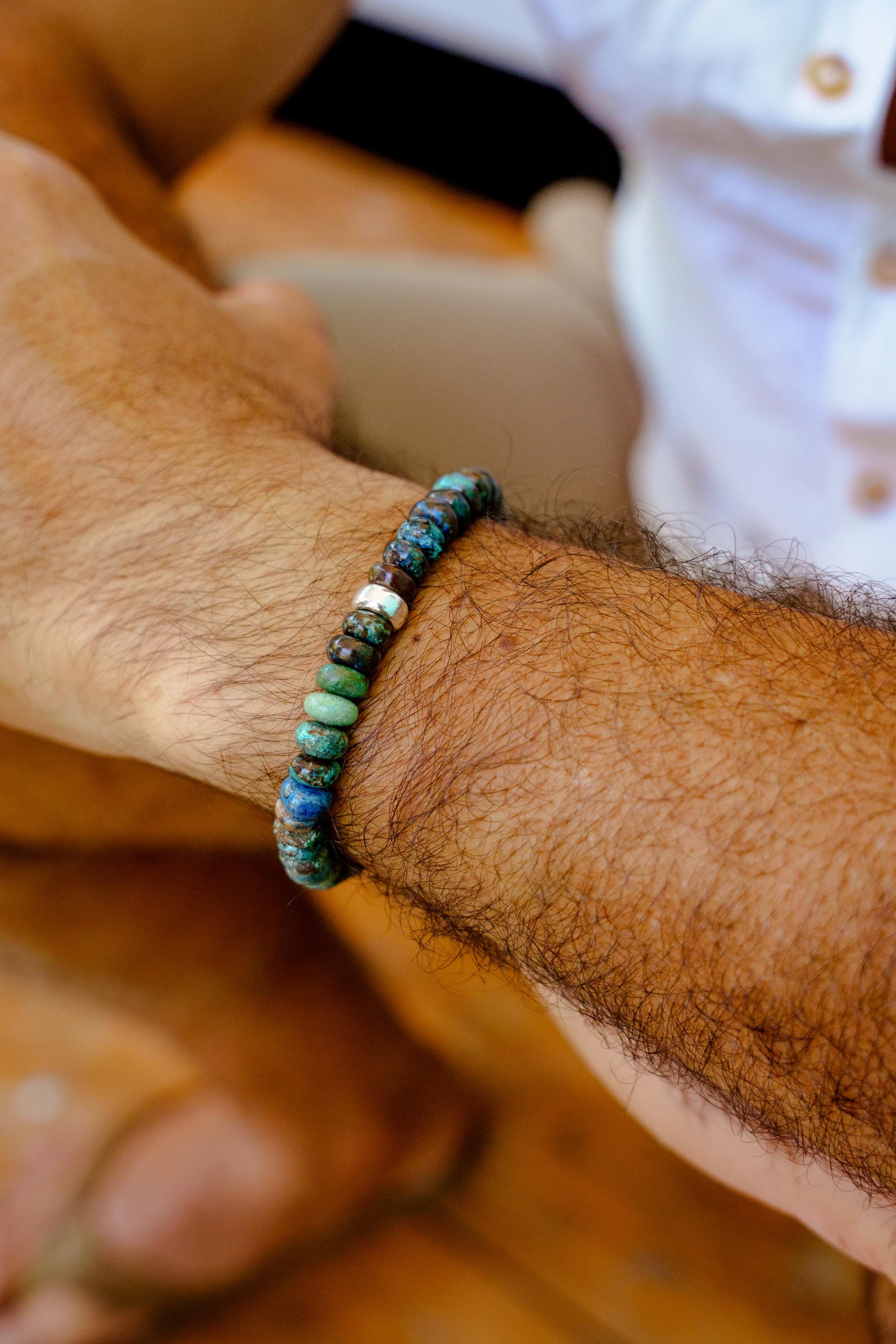 Chrysocolla Men’s Bracelet – Genuine Chrysocolla Bracelet, Sterling Silver, Gold Filled Or 14k Gold Accent, Earthy Gemstone Bracelet For Men