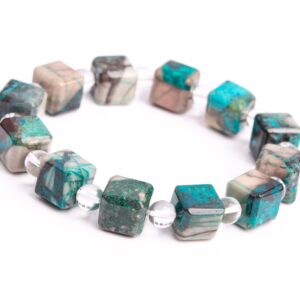 ONLY ONE 10-11MM Chrysocolla Beads Blue Green Bracelet Grade A+ Genuine Natural Beveled Edge Faceted Cube Gemstone 7.5" (118491h-4037)