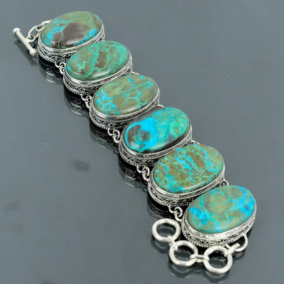 Chrysocolla Bracelet: Vintage 925 Sterling Silver Adjustable Gemstone Jewelry