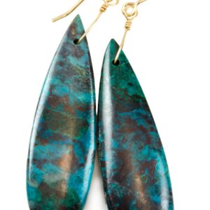Blue Chrysocolla Earrings 14k solid gold or filled or Sterling Silver Smooth Long Dangle Drops Natural Unique Deep blue Simple Drops 2.3 In