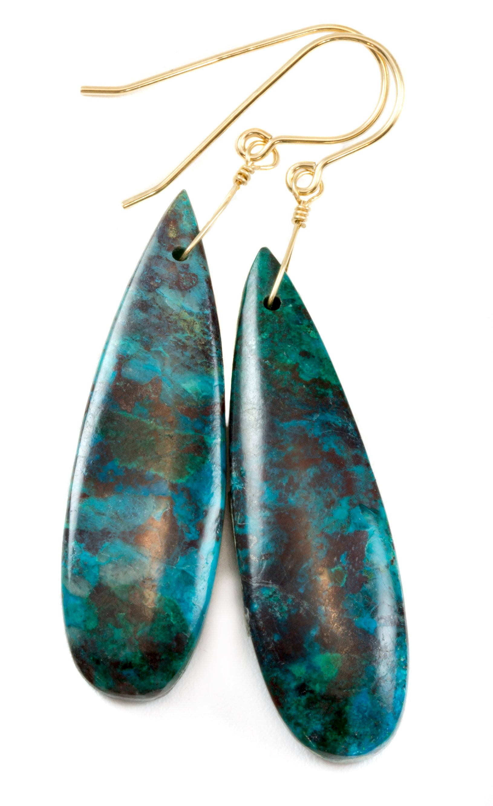 Blue Chrysocolla Earrings 14k Solid Gold Or Filled Or Sterling Silver Smooth Long Dangle Drops Natural Unique Deep Blue Simple Drops 2.3 In