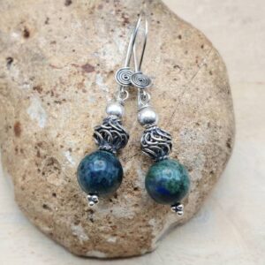 Blue Green Chrysocolla earrings. Gemstone Bali silver earrings for women Reiki jewelry uk. Dangle drop earring