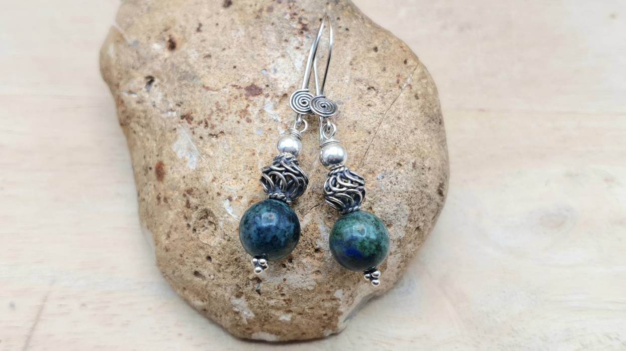 Blue Green Chrysocolla Earrings. Gemstone Bali Silver Earrings For Women Reiki Jewelry Uk. Dangle Drop Earring