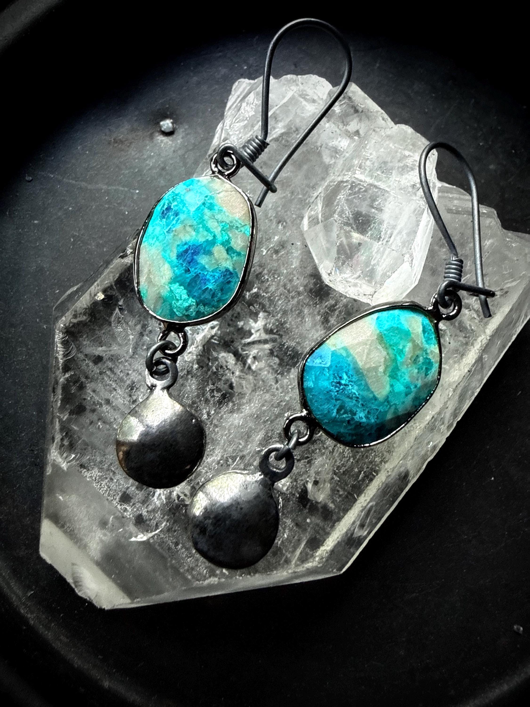 Chrysocolla Earrings, Blue Stone Earrings, Raw Stone Earrings, Dangle Earrings