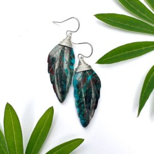 BOTANICAL COLLECTION - Chrysocolla & Sterling Silver Dangle Earrings, carved natural leaf stone jewelry, plant tree inspired gemstone gift