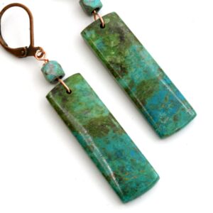 Chrysocolla Copper Earrings: Rectangular Stone, Patina Accents