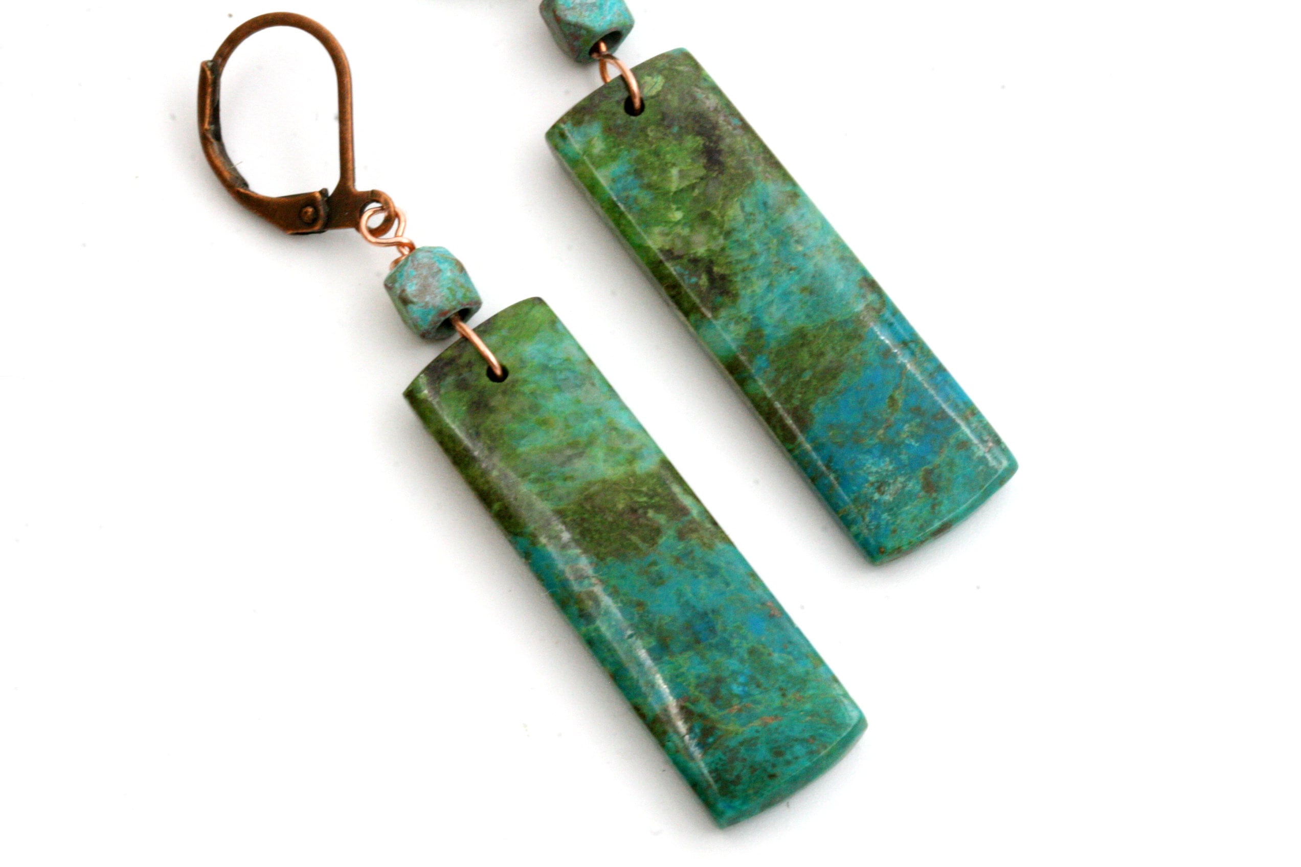 Chrysocolla Copper Earrings: Rectangular Stone, Patina Accents