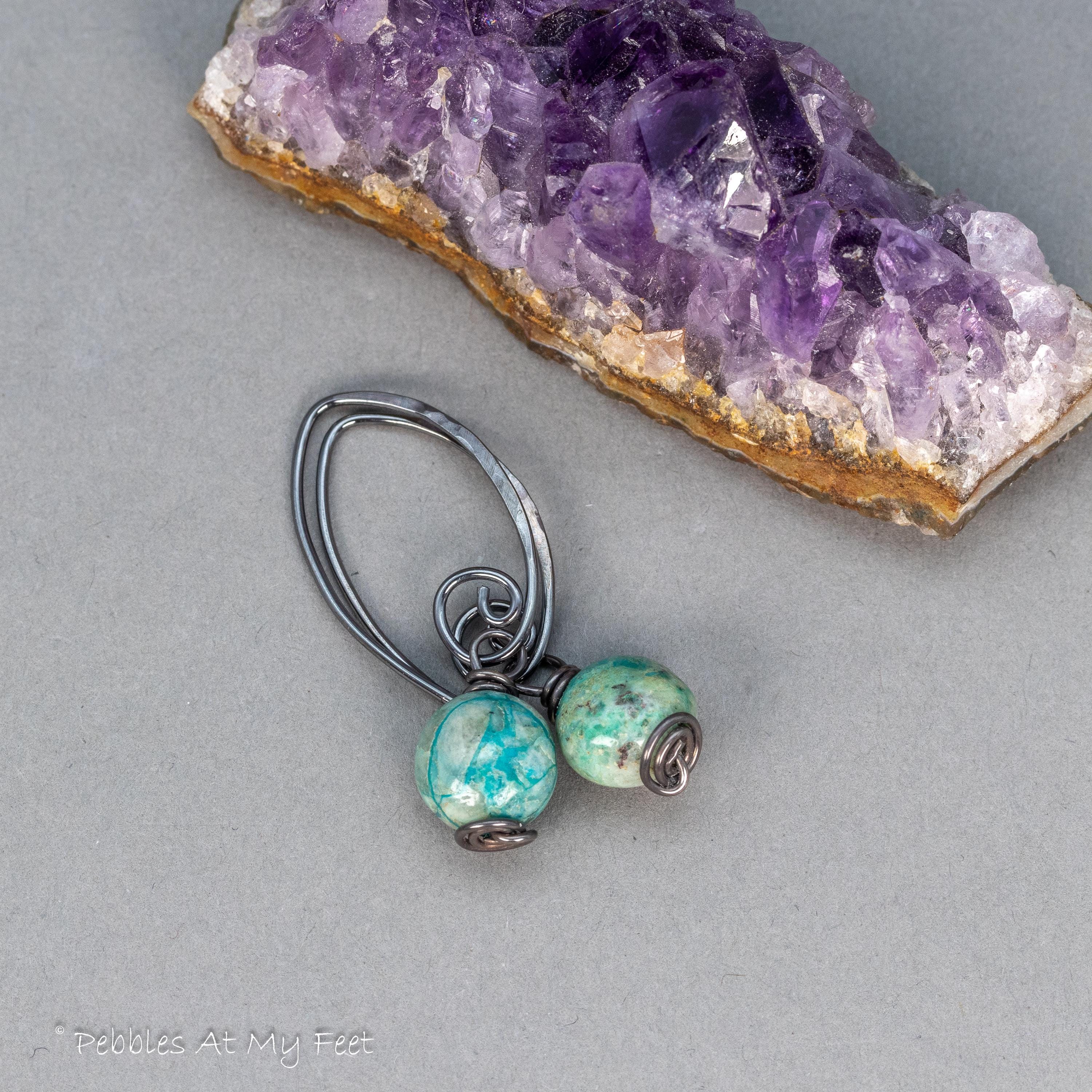 Dainty Chrysocolla Earrings: Dark Patina Sterling Silver, Teal Aqua Stone