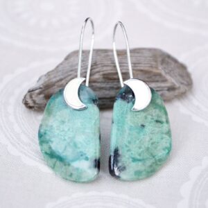 Chrysocolla Dangle Earrings: Sterling Silver Moon Crescent Gemstone