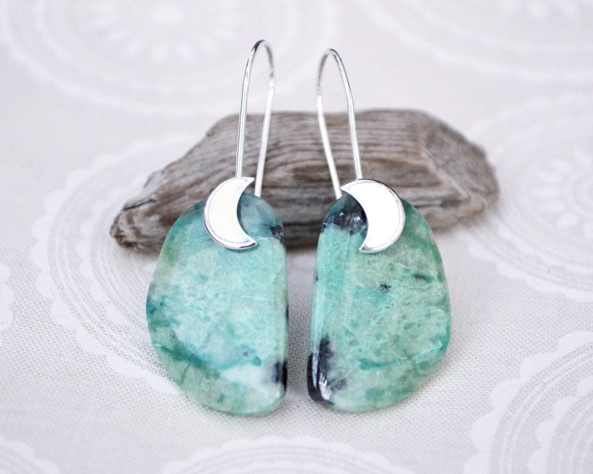 Chrysocolla Dangle Earrings: Sterling Silver Moon Crescent Gemstone