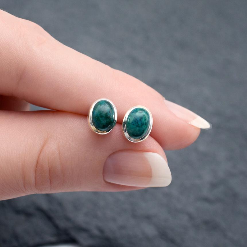 Earth And Sky - Beautiful Natural Chrysocolla Sterling Silver Stud Earrings