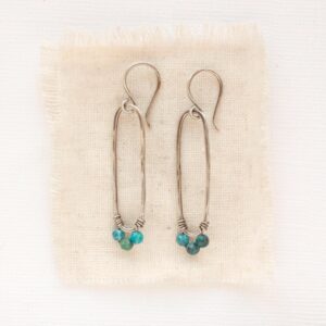 Chrysocolla Forged Long Hoop Earrings, Rustic Long Skinny Hoops, Southwest Silver Earrings, Gifts For Her, Unique Silver Hoops