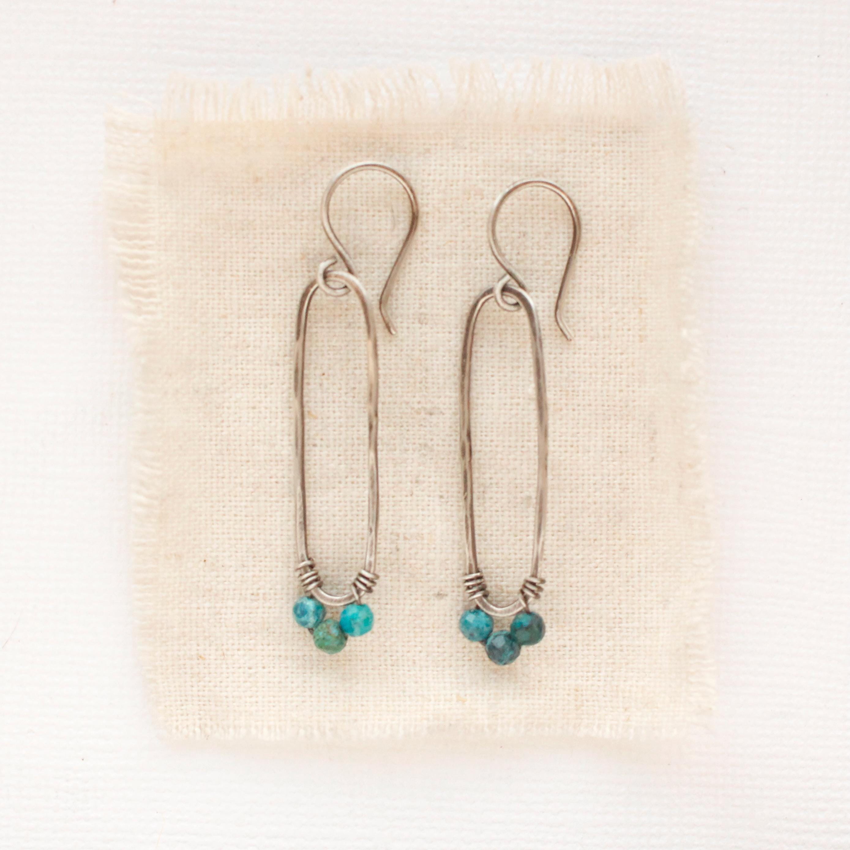 Chrysocolla Forged Long Hoop Earrings, Rustic Long Skinny Hoops, Southwest Silver Earrings, Gifts For Her, Unique Silver Hoops