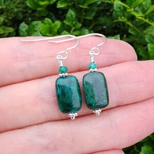 Chrysocolla Gemstone Dangle Earrings Sterling Silver, Small Dainty Rectangle Gemstone Earrings, Turquoise Earrings, Pretty Green Earrings