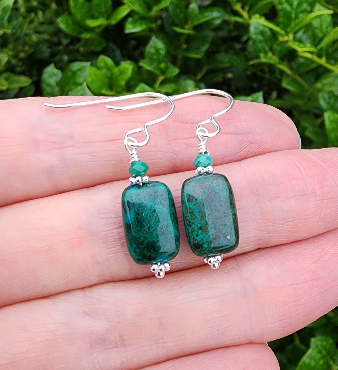 Chrysocolla Gemstone Dangle Earrings Sterling Silver, Small Dainty Rectangle Gemstone Earrings, Turquoise Earrings, Pretty Green Earrings