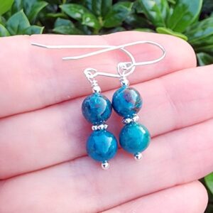 Chrysocolla Gemstone Dangle Earrings Sterling Silver, Small Dainty Round Green Gemstone Earrings, Stacked Earrings, Chrysocolla Jewelry
