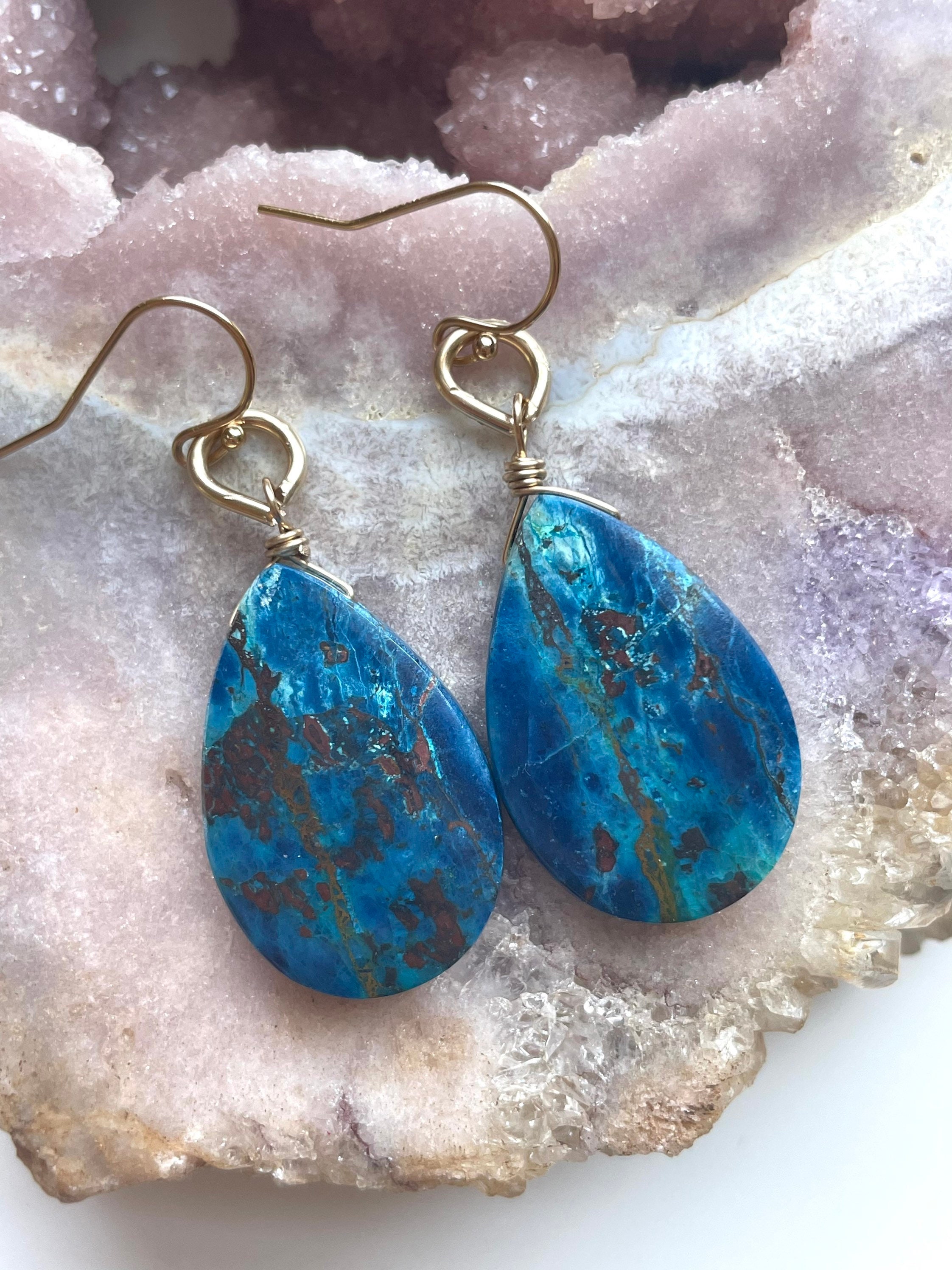 Gold Filled Chrysocolla Earrings: Raw Stone Boho Dangle Earrings