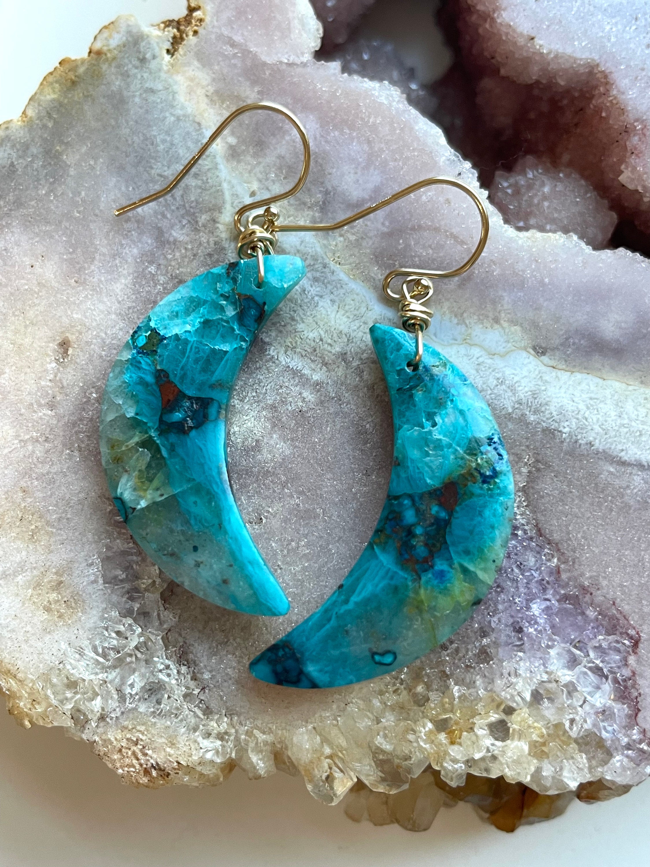 Gold Filled Chrysocolla Earrings: Raw Stone Boho Dangle Earrings