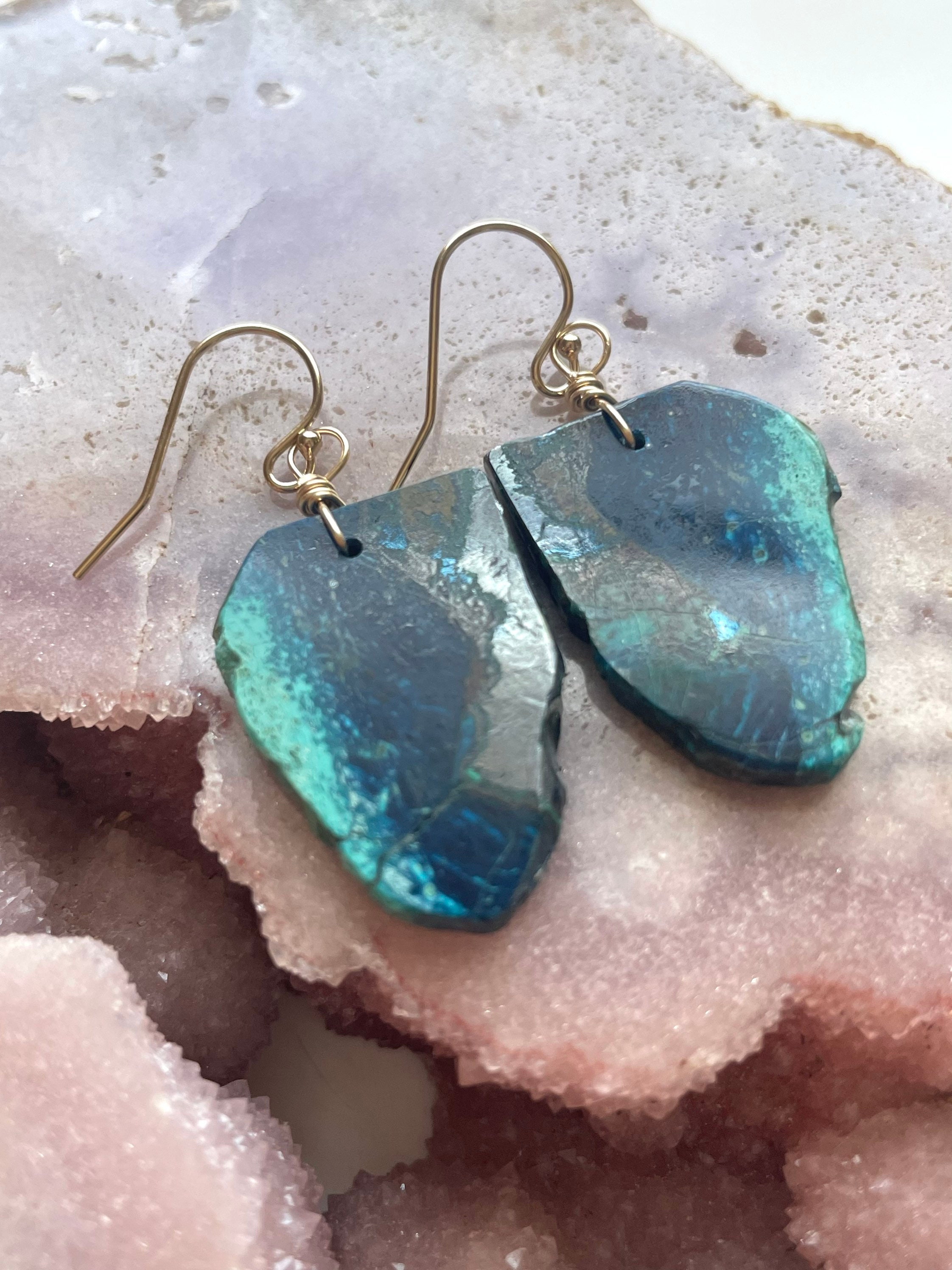 Gold Filled Chrysocolla Earrings: Raw Stone Boho Dangle Earrings