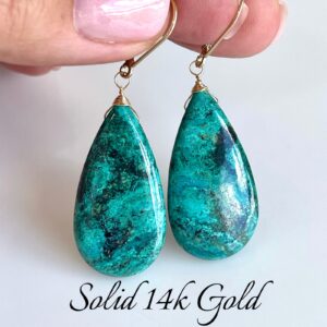 Chrysocolla Earrings, Green and Blue Solid 14k Gold Teardrop Earrings, Elongated Statement Real Gold Jewelry, One of a Kind Gift for women