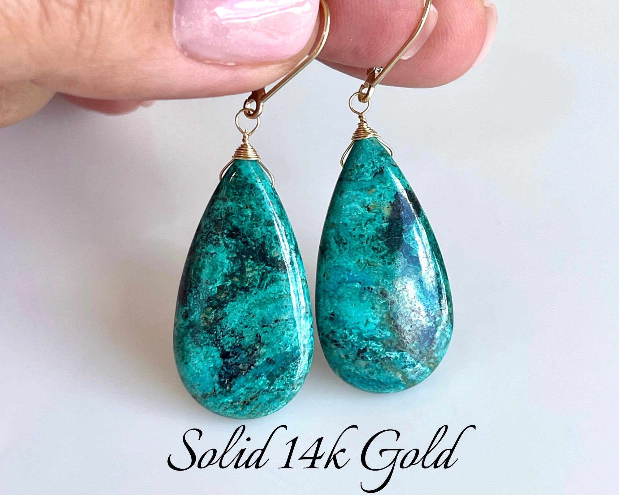 Chrysocolla Earrings, Green And Blue Solid 14k Gold Teardrop Earrings, Elongated Statement Real Gold Jewelry, One Of A Kind Gift For Women