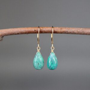 Chrysocolla Earrings - Green Gemstone Earrings - Gold Wire Wrapped Earrings - Gold Leverback Earrings - Single Stone Earrings